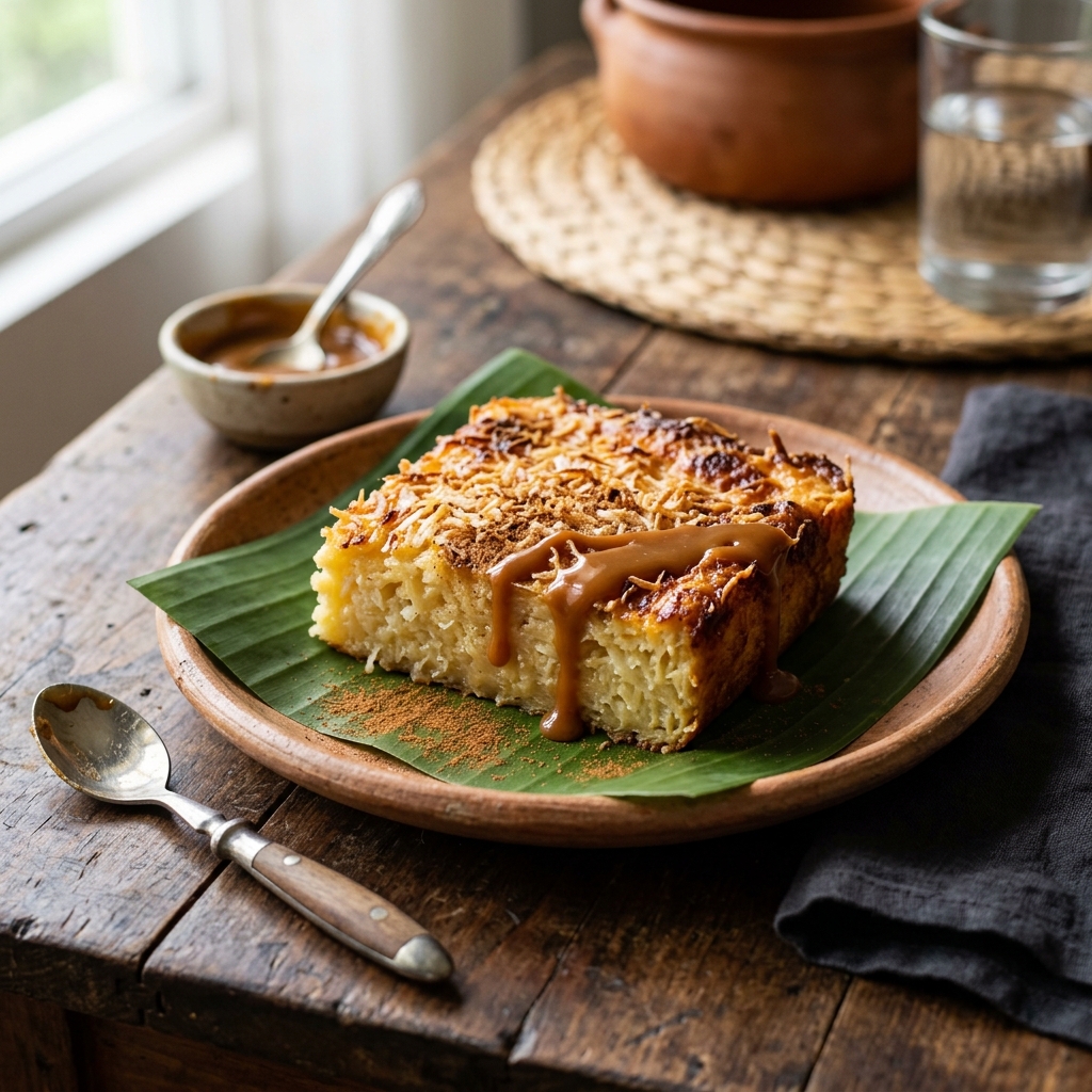 Receta tradicional de Budín de Yuca costarricense con coco y dulce de leche