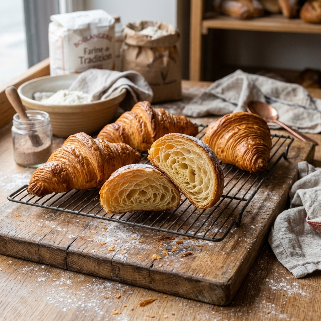 Receta de Croissants franceses hojaldrados y dorados con mantequilla