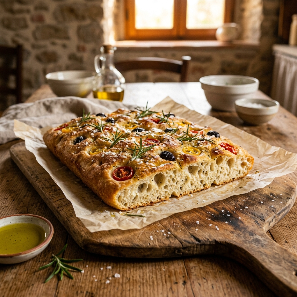 Receta de Focaccia italiana artesanal con romero, tomates cherry y aceite de oliva