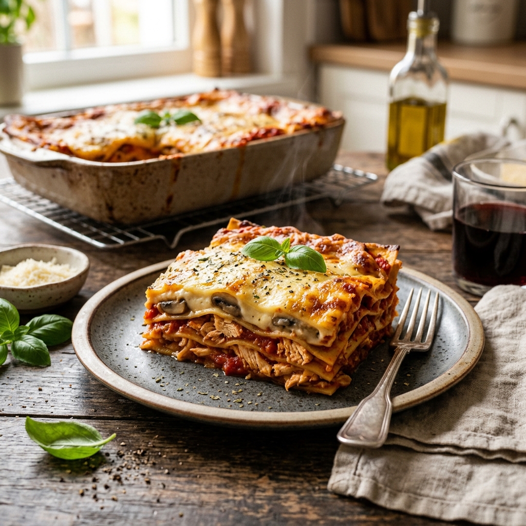 Receta de Lasagna casera de pollo con salsa blanca y queso mozzarella