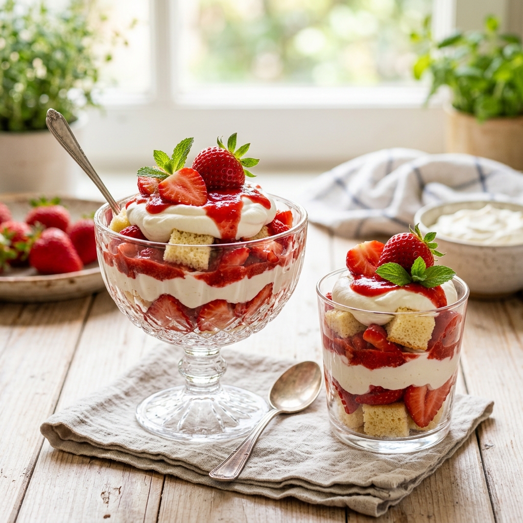 Receta de Postre de Fresas en capas con bizcocho, crema chantilly y coulis de fresa