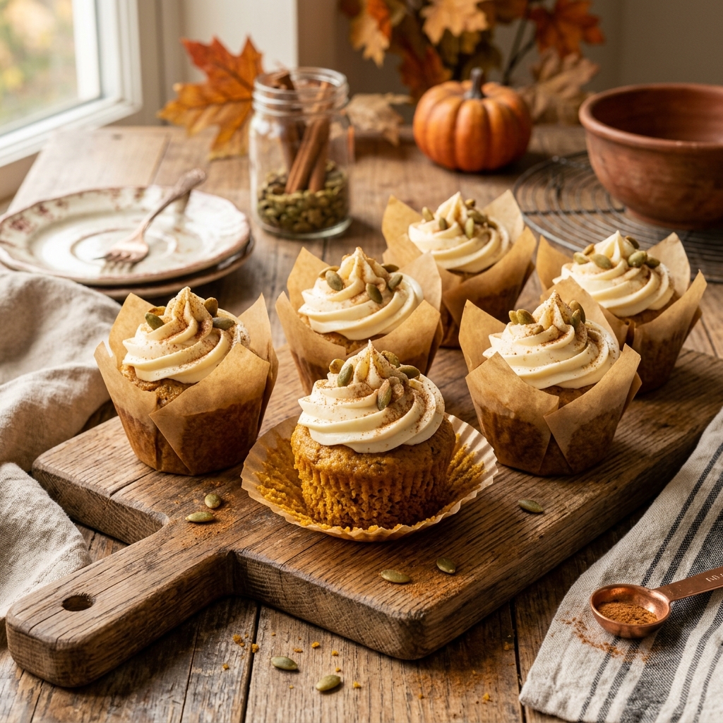 Receta de Quequitos de Ayote especiados con frosting de queso crema y semillas de calabaza