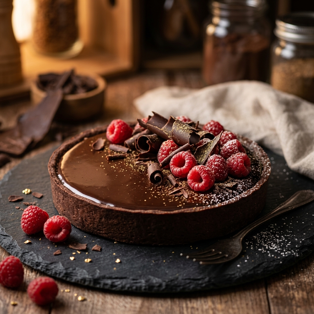 Receta de Tarta de Chocolate brillante con frambuesas y virutas de chocolate